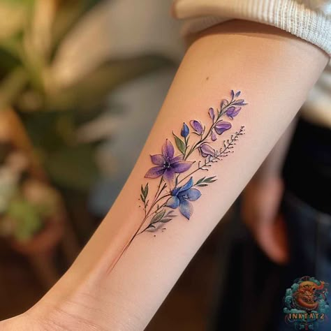 Birth Month Flower Tattoos July, July Birth Flower Tattoo With Butterfly, July Birth Flower Tattoo Color, Birth Flower Tattoos With Color, 3 Flower Tattoo Design, Birth Flower For March, Larkspur And Bee Tattoo, Larkspur And Snowdrop Tattoo, July Tattoo Ideas Birth Flower