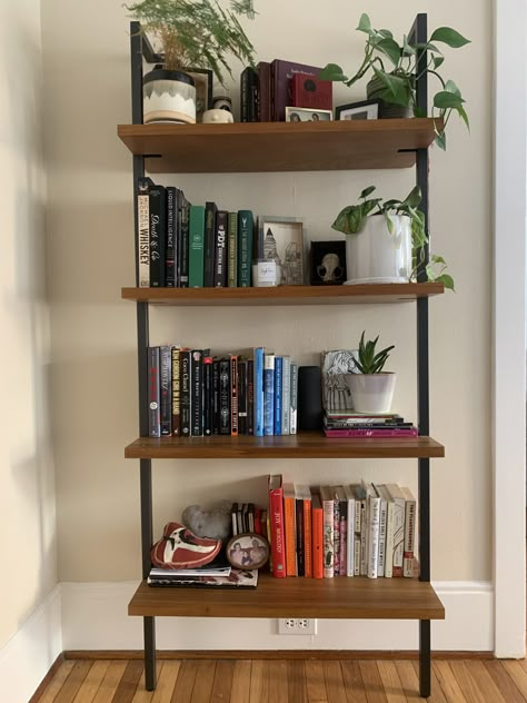 Brown Book Shelf Aesthetic, Book Shelf Minimal, Book Shelf Minimalist, Shelf With Books And Plants, Bookshelves With Plants And Books, Study Shelf Ideas, Book Plant Shelf, Industrial Bookshelf Decor, Apartment Decorating Bookshelf