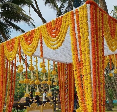 Simple yet Elegant Marigold Wedding Mandap by Eventz Station-Chennai. #marrigoldweddingmandap #weddingmandap #marigolddecors #traditionalweddings #indiandecors   #indianwedding #wedding #weddingmandaps #weddingdecor #southindianwedding #southindiandecor #hindubride #tamilwedding #teluguwedding #northindianwedding #keralawedding Marigold Mandap Decoration, Simple South Indian Wedding Decor, Wedding Mandap Ideas, Indian Marigold, Mandap Ideas, Indian Wedding Mandap, Marigold Wedding, Mandap Design, Indian Wedding Decor