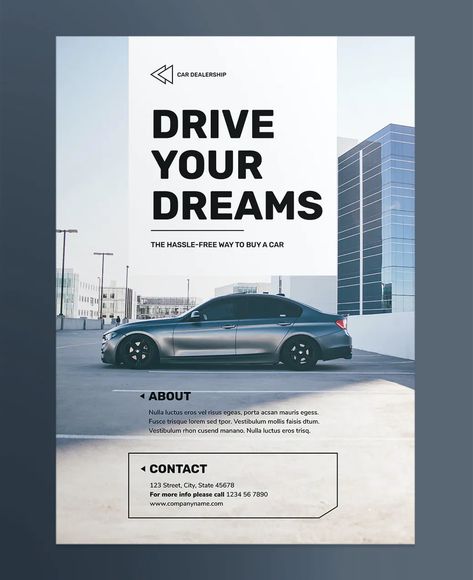 Car Dealership Poster Template AI, EPS, INDD, PSD - Both US Medium and EU A2 poster formats Car Advertising Design, Automobile Advertising, Poster Template Design, Poster Layout, Car Advertising, Poster Ideas, Business Education, Modern Poster, Car Posters