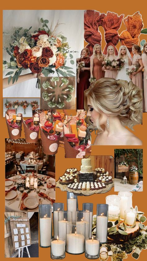 Burnt Orange, Candles and eucalyptus- Barn style Wedding Burnt Orange, Wedding Vision Board, Orange Candles, Inside Wedding, Burnt Orange Weddings, Wedding Inside, Wedding Vision, Orange Wedding, Barn Style