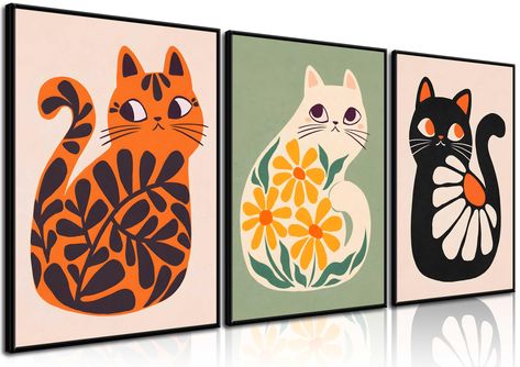 PRICES MAY VARY. 【Cute Cat Poster Size】: 12x16inch Or 16x24inch, Are Two Sizes Are Available. Our cat wall art are unframed, you can prepare the frames that work with your decor and the print! Assemble and install by yourself, fully enjoy the fun of DIY 【Boho Cats Posters Wall Art】: Looking for a vibrant artwork with a plant and cat theme to add some personality to your house? The abstract geometric boho with cat art print may be attract you, this print would look amazing as the finishing touch Mid Modern Century Art, Chihuahua Wall Art, Black Cat Bathroom Art, Living Room Prints Art, Simple Room Wall Decor, Bathroom Decor Painting, Crafts For Cat Lovers, Mid Century Cat Art, 1970s Wall Decor