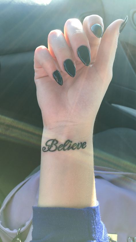 Believe Wrist Tattoo, Running Thoughts, Running Tattoos, Believe Tattoo, Font Tato, Quote Tattoos Placement, Believe Tattoos, Tattoo On Wrist, Cool Wrist Tattoos