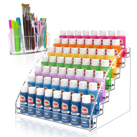 PRICES MAY VARY. 【Large Capacity Design】A big storage space is created for storing a large amount of paint and keeping your desktop clean and tidy. The 7-layers paint storage rack with 3-compartment pencil holder provides ample space to meet your storage needs. 【Keep Paint in Order】This craft paint organizer can help you find the paint you need at a glance. Pigments are arranged in an orderly manner, and you can place them according to your habits. The universal size makes it easy to pick up. 【G Paint Holder Storage, Acrylic Paint Holder, Acrylic Paint Storage, Paint Holder, Paint Display, Paint Brush Holder, Bottle Organizer, Paint Rack, Paint Organization