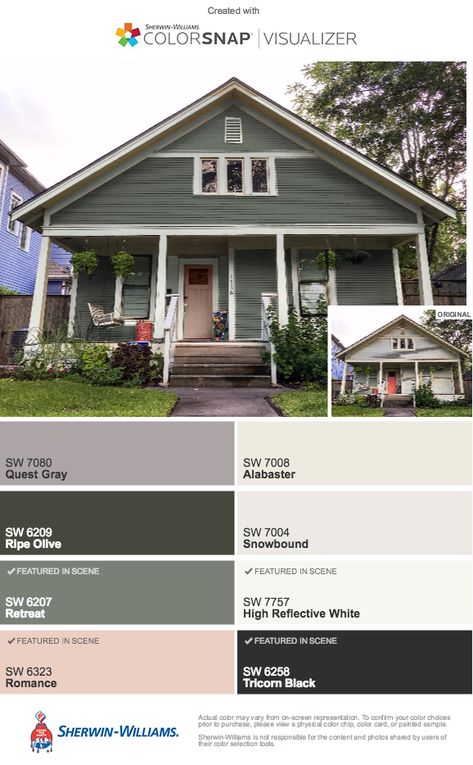 Retreat Sherwin Williams Exterior, Sherwin Williams Retreat Exterior, Retreat Sherwin Williams, Exterior House Colors Farmhouse, Sherwin Williams Retreat, Green Bungalow, Outdoor House Paint, Haint Blue Porch Ceiling, Green Exterior Paints