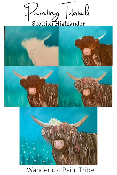 Step By Step Highland Cow Painting, Scottish Artists For Kids, Hiland Cow Painting Easy, Scottish Highland Cow Painting, Acrylic Highland Cow Painting, Paint Highland Cow, How To Paint Cows, Cow Canvas Painting Ideas, Canvas Paint Tutorial