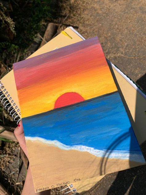 Small Canvas Art Sunset, Diy Sunset Painting Easy, Lukisan Sunset Simple, Card Painting Ideas Acrylic, Sun Set Painting Easy, Easy Oil Pastel Art, Sunset Drawing Easy, Sunset Painting Easy, Cute Easy Paintings