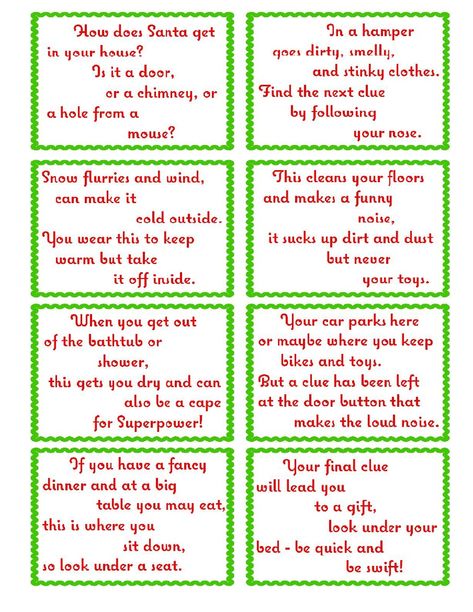 Treasure Hunt Clue Cards- Page 2 | elfoutfitters.com #elfoutfitters free printable christmas day treasure hunt Scavenger Hunt Riddles, Clue Cards, Scavenger Hunt Birthday, Treasure Hunt Clues, Christmas Scavenger Hunt, Scavenger Hunt Clues, Reindeer Games, Scavenger Hunt For Kids, Au Pair