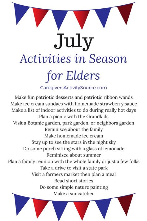 Activities in Season for Elders #CaregiversActivitySource #July #Seniorcare #eldercare #SummerActivities Senior Center Activities, Assisted Living Activities, Ways To Stay Active, Memory Care Activities, Senior Living Activities, July Activities, Activities For Seniors, Nursing Home Activities, Alzheimers Activities