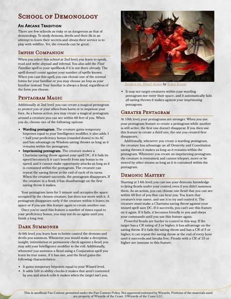 School of Demonology (1.2) - A wizard subclass : DnDHomebrew Wizard 5e, Dnd Wizard, Home Brewery, D D Classes, Wizard School, Dnd Classes, Dnd Races, Dungeons And Dragons Classes, Dnd 5e Homebrew