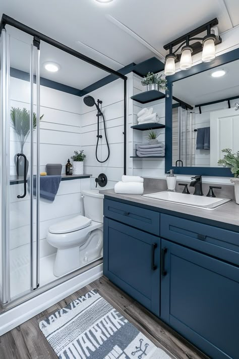 Coastal Bathroom Ideas - Remodr Cape Cod Style Bathroom, Light Blue And Black Bathroom, Blue Black And White Bathroom, Blue Ceiling Bathroom, Blue Restroom Ideas, Teenage Boys Bathroom Ideas, Grey And Blue Bathroom Ideas, Gray And Blue Bathroom, Cabana Bathroom Ideas