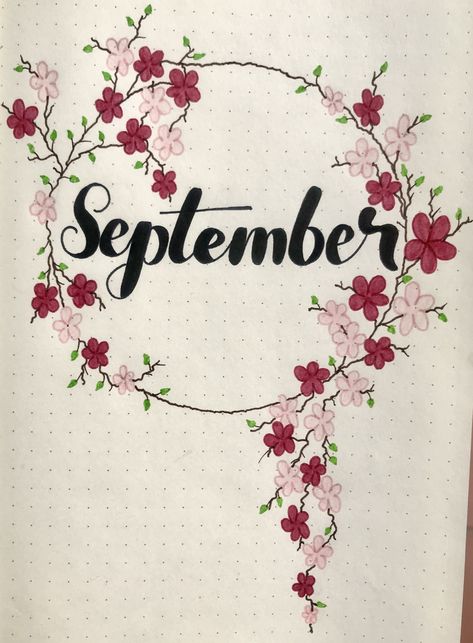 Floral Journal Cover, Journal Designs Layout, September Header, September Journal Cover, September Journal Ideas, Floral Cover Page, September Drawings, Bujo Monthly Cover, September Monthly Spread