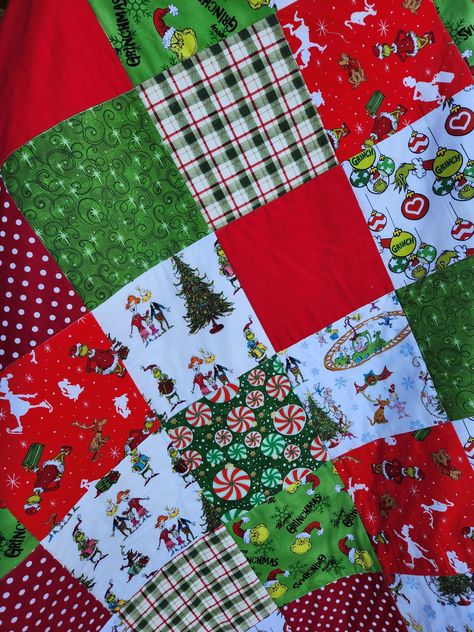 READY TO SHIP! Add a touch of whimsy to your home decor with this Handmade How the Grinch Stole Christmas Quilt. This unique, one-of-a-kind throw quilt is perfect for cozying up on chilly nights. A special addition to your Christmas collection! Snuggle up with this charming Handmade How the Grinch Stole Christmas Quilt. A truly unique piece, this one-of-a-kind throw quilt is a must-have for any Dr. Seuss fan. Bring a festive spirit to your living space with this cozy creation! Elevate your holiday decor with this Handmade How the Grinch Stole Christmas Quilt. This unique and one-of-a-kind throw quilt is the perfect statement piece for your festive celebrations. Handcrafted with care, it makes a wonderful gift for a loved one or yourself. This is a fun quilt with charming Grinch theme print Grinch Quilt, Grinch Decor, Quilt Christmas, Fun Quilt, The Grinch Stole Christmas, Holiday Throw, Christmas Throws, Beginner Quilt Patterns, Grinch Stole Christmas