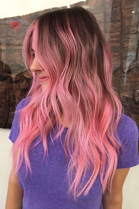 Dimensional Pink Balayage, Fun Easy Hair Color Ideas, Low Maintenance Vibrant Hair Color, Rooty Pink Hair, Hair Pop Of Color Ideas, Fun Ways To Color Hair, Money Piece Balayage Pink, Brunette With Colorful Highlights, Vivid Color Melt