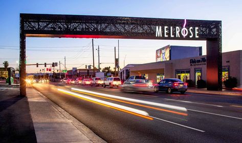 Located in Phoenix, Arizona, the Melrose District has solidified itself as a vibrant neighborhood known for its eclectic shops and businesses. In... Gateway Signage, Entrance Fence, Arch Entrance, Monument Signage, Pocket Neighborhood, Urban Ideas, Entrance Signage, Gate Entrance, Gates Design