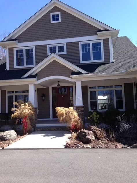 I think we made a decision on the exterior color!! Brown Siding White Trim, Brown Siding Exterior, Mastic Vinyl Siding, Brown Houses, Mastic Siding, Brown House Exterior, Brown Cape, Single Home, Grey Siding