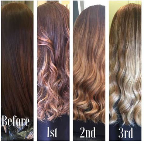 Brown to blonde Stages Of Bleaching Hair, Brunette To Blonde Hair, From Brunette To Blonde, Dark To Light Hair, Rose Pink Hair, Black To Blonde Hair, Hair Levels, Hair Dye Removal, Colour Correction