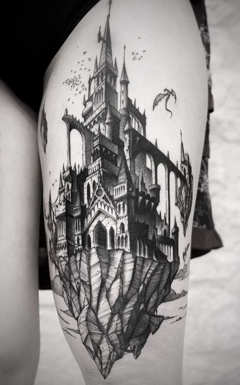 Hogwarts Castle Tattoo, Cathedral Tattoo, Drawing Mermaid, Hogwarts Tattoo, Tattoo Pencil, Drawing Heart, Drawing Dragon, Backpiece Tattoo, Hp Tattoo