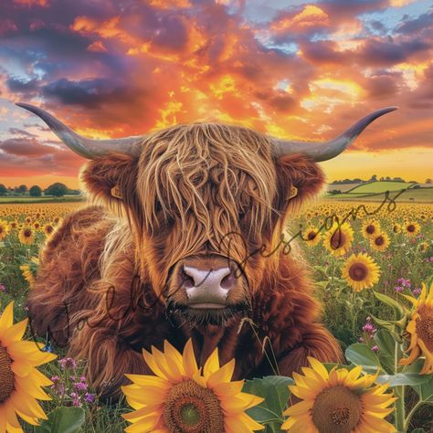 Cow In A Field, Highlander Cows, Highland Cow Pictures, Highland Cow Clipart, A Field Of Sunflowers, Cow Highland, Field Of Sunflowers, Mini Cows, Cow Clipart