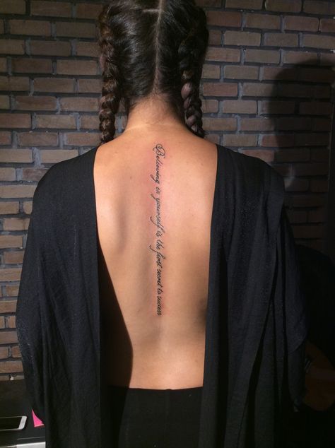 Fall In Love With Yourself First Spine Tattoo, Spanish Back Tattoo Women, Back Word Tattoos Women, Pretty Spine Tattoos For Women, Cursive Spine Tattoo, Script Spine Tattoo, Mj Tattoo, Spine Tattoo Quotes, Girl Spine Tattoos