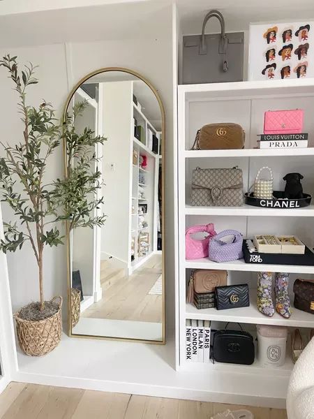 Bag Shelves Ideas, Closet Mirror Ideas, Shoe Display Ideas Bedroom, Cozy Small Bedrooms, Potted Olive Tree, Closet Mirror, Den Decor, Home Closet, Long Mirror