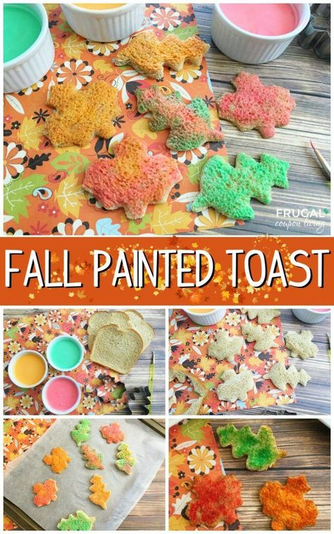 Fall Leaves Painted Toast Recipe for Kids on Frugal Coupon Living. Fall Food Craft. We love this idea as a weekend kids food craft for fall or it's a fun idea for Thanksgiving Breakfast for the kids. #fallcraft #fallkidsfood #falllaves November Cooking For Kids, Leaf Snacks For Kids, Thanksgiving Kids Food, Paint Bread, Food Craft Ideas, Fall Ice Cream, Preschool Cooking, Kids Food Crafts, Turkey Treats