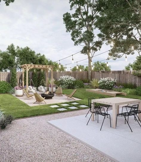 Small Back Patio Landscape Ideas, Rustic Modern Backyard, Grass To Rock Transition, Patio In Middle Of Yard, Landscaping For Large Backyards, Long Backyard Design, Rectangular Patio Ideas, Acre Lot Landscaping Ideas, Side Of Shed Ideas