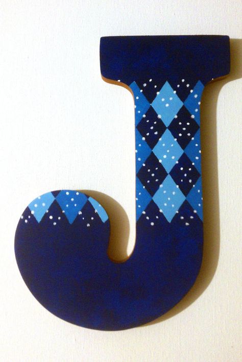 Painting On Wooden Letters, Hand Painted Wooden Letters, Wooden Letter Ideas, Decorated Letters, The Letter J, Painting Wooden Letters, Argyle Print, Alfabet Letters, Wooden Letter