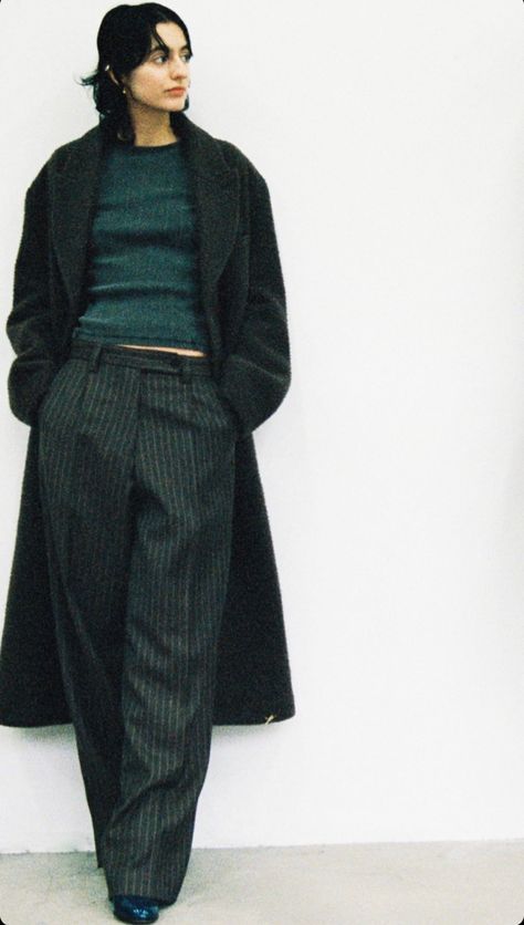 fashion fall winter outfit layering pinstrip pants big coat Layering Coats Winter Outfits, Pinstripe Pants Outfit Winter, Grey Pinstripe Pants Outfit, Masc Winter Fashion, True Autumn Outfits, Pinstripe Trousers Outfit, Big Pants Outfit, Barista Outfit, Pinstripe Pants Outfit