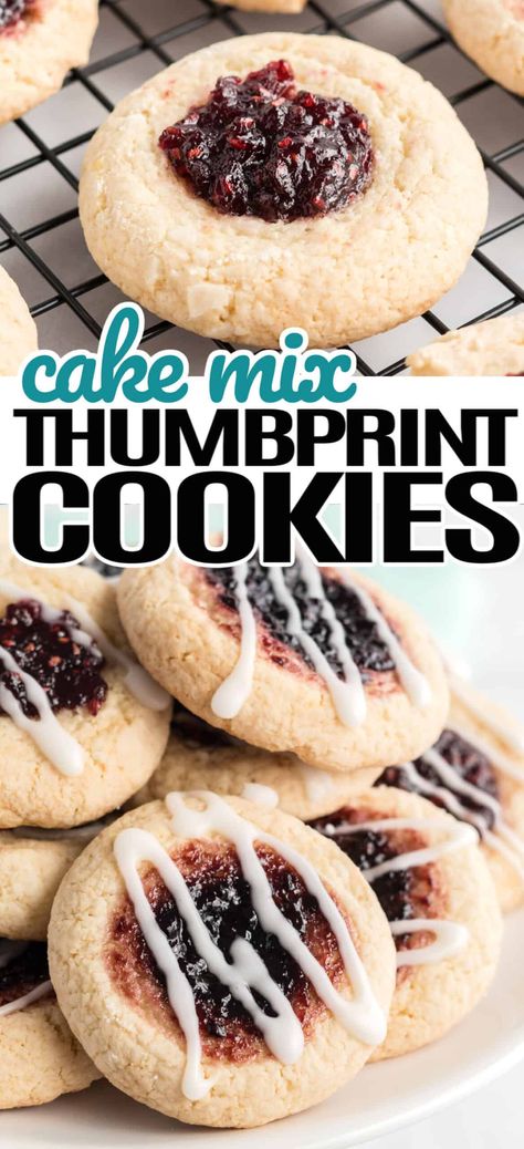 Make delicious thumbprint cookies using a cake mix and your favorite flavor of jam! They're a holiday favorite that's beautiful & fun to make! #RealHousemoms #cakemix #thumbprint #cookies #jam #jelly #chistmas #easter #kidfriendly Cake Mix Thumbprint Cookies, White Cake Mix Cookies, Cake Box Cookies, Jam Thumbprint Cookies, Boxed Cake Mixes Recipes, Jelly Cookies, Thumbprint Cookies Recipe, Boxed Cake, Cake Mix Cookie Recipes