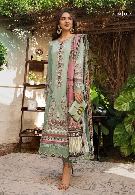 Asim Jofa Sale 2023 With Price Unstitched 50% Off Collection Asim Jofa Dresses, Asim Jofa, Frock For Women, Embroidered Border, Cool Summer Outfits, Long Frocks, Work Suits, Lawn Shirts, Silk Suit