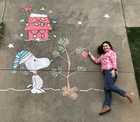 #sidewalkchalkadventures sidewalk chalk Christmas, Snoopy, A Charlie Brown Christmas sidewalk chalk, Winter Chalk Drawings, Snoopy Chalk Art, Christmas Sidewalk Chalk Art, Chalk Driveway, Chalk Art Christmas, Charlie Brown Christmas Decorations, Chalk Sidewalk, Chalk Pictures, Street Chalk Art