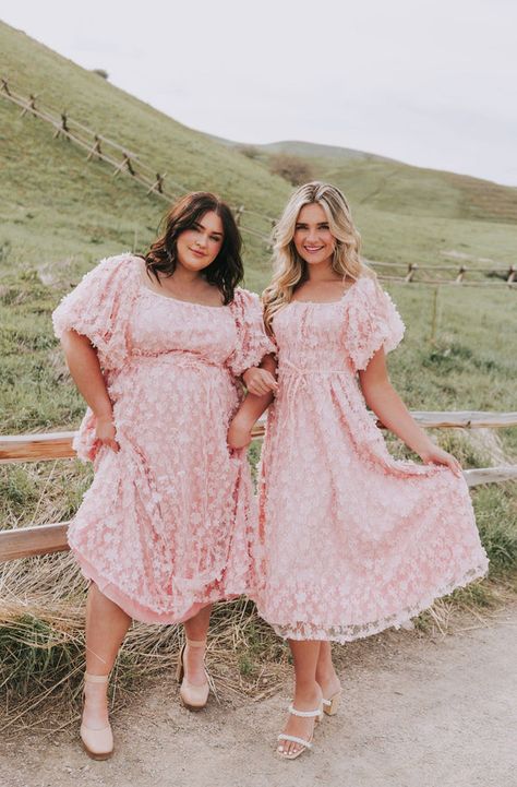 Plus Midi Dresses Pink Dress Puff Sleeves, Pink Prom Dresses Sleeves, Pink Bridesmaid Dress Plus Size, Pink Tiered Maxi Dress, Plus Size Pink Bridesmaid Dresses, Pink Garden Party Dress, Pink Baby Shower Dress For Mom, Garden Party Maxi Dress, Pink Bridesmaid Dresses Plus Size