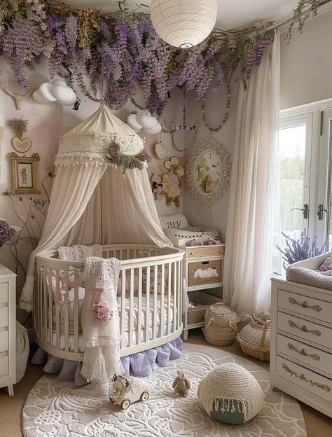 Creating a dreamy nursery for your little princess? Check out these 32 Insanely Cute Baby Girl Nursery Ideas! Find adorable and creative inspirations to design the perfect, cozy haven for your little one. Woodland Princess Nursery, Fairy Themed Nursery Girl, Baby Girl Fairy Nursery, Baby Room Design Girl, Fairytale Nursery Girl, Fairy Nursery Baby Girl, Fairy Tale Nursery Theme, Girls Nursery Themes, Purple Baby Room