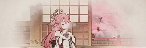 Pink Genshin Header, Yae Miko Twitter Header, Yae Miko Header, Yae Miko Banner, Yae Genshin, Pink Twitter Header, Pink Twitter, Genshin Pfp, Funny Banner