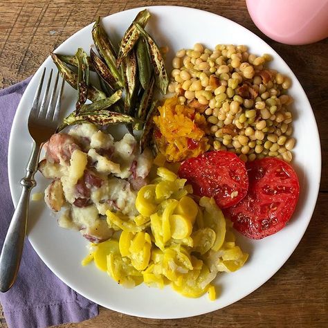 Southern summer veggie plate—my happy, happy place! I know it’s *technically* still spring, but it’s all about summer veggies here.… Southern Veggie Plate Dinner, Southern Vegetable Plate, Vegetable Plate Dinner, Veggie Plate, Vegetable Plate, Summer Veggies, Eat Lunch, Summer Vegetable, Meatless Monday