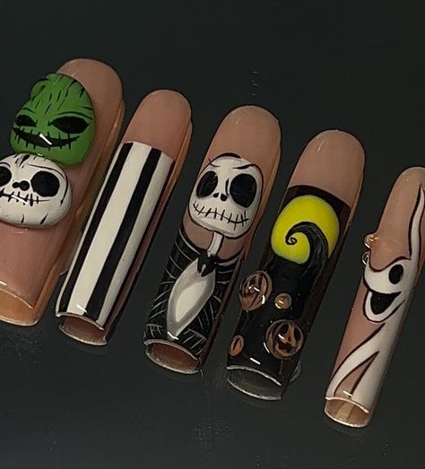 Dm for inquiries on press ons 😉 - - - - - - - @stephxacrylics #nailtech #nails #jackskellington #jackskellingtonnails #nightmarebeforechristmas #nightmarebeforechristmasnails #halloweennails #explorepage Jack Skeleton Nails, Night Before Christmas Nails, The Nightmare Before Christmas Nails, Spooky Sets, Before Christmas Nails, Nightmare Before Christmas Nails, Jack Skeleton, Airbrush Nails, Night Before Christmas