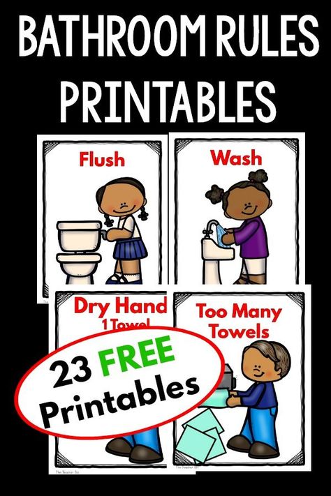 Preschool Rules And Routines, Bathroom Routine Visual, Toilet Rules Printable Free, Kindergarten Bathroom Ideas, Preschool Classroom Library Set Up, Bathroom Rules Printable Free, Bathroom Visuals For Kids, How To Use School Supplies Preschool, Preschool Rules Printable