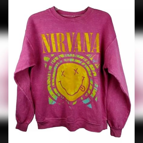 Urban Outfitters Women's Nirvana Smile Overdyed Hot Pink Sweatshirt Sz Med. Nirvana Smile, Nirvana Smiley Face, Hot Pink Sweatshirt, Nirvana Band, Walker Boots, Pajama Shirt, Urban Outfitters Tops, Fit N Flare Dress, Pink Sweatshirt