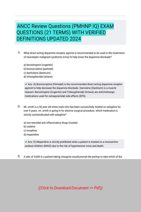 ANCC Review Questions PMHNP IQ EXAM QUESTIONS 21 TERMS WITH VERIFIED DEFINITIONS UPDATED 2024 
 Follow Link above to Download the document (pdf) Pmhnp Ancc Exam, Mental Health Nursing, Pharmacist, Nursing Students, Nursing, Medical, Health