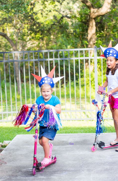 Have a bike and scooter parade this 4th of July! 4th Of July Bike Parade, Bike Parade, 4th Of July Photography, Bike Decorations, Patriotic Centerpieces, Polka Dot Balloons, Food Games, Patriotic Food, 4th Of July Parade