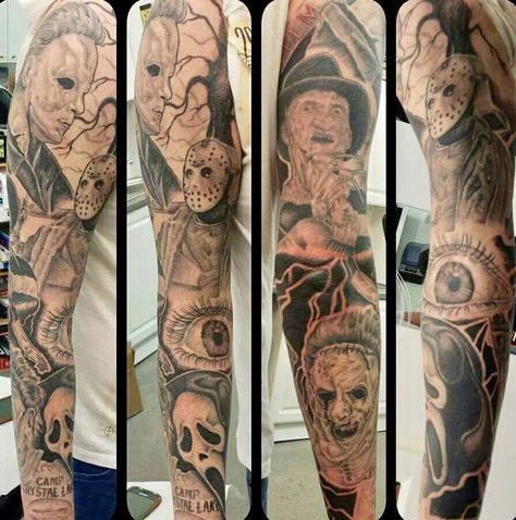 Horror sleeve Slasher Tattoo, Movie Character Tattoos, Horror Sleeve, Horror Tattoos, Horror Movie Tattoos, Tattoo Filler, Movie Tattoo, Movie Tattoos, Scary Tattoos