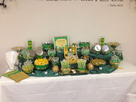 2014 Women's Day candy buffet table Emerald green and gold Green And Gold Graduation Party Ideas, Usf Graduation, Green Candy Buffet, Gold Candy Buffet, Candy Buffet Table, High School Graduation Party Decorations, Gold Table Setting, Gold Graduation Party, Emerald Green And Gold