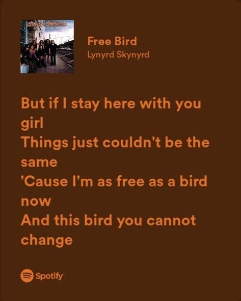 spotify Free Bird Lyrics, Free Bird Lynyrd Skynyrd, Lynyrd Skynyrd Lyrics, Lynyrd Skynyrd Free Bird, Free As A Bird, I Miss You More, Cap Ideas, Free Bird, Lynyrd Skynyrd