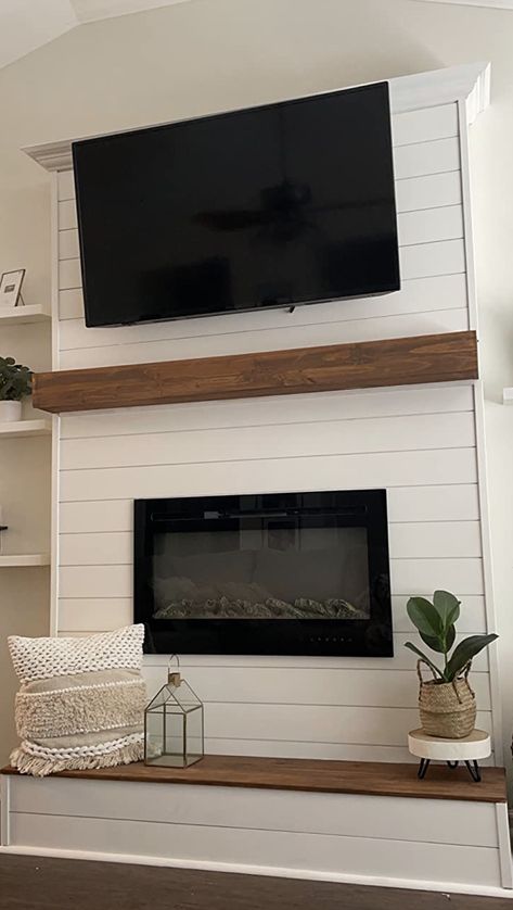 Shiplap Wall Mantle, Ship Lapped Walls Living Room Tv, Mantle On Shiplap Fireplace, Gas Fireplace Without Chimney, Faux Fireplace Wall With Tv, Wood Plank Fireplace Wall, Shiplap Electric Fireplace Wall With Tv, Stone And Shiplap Fireplace With Tv, Shiplap Wall With Fireplace