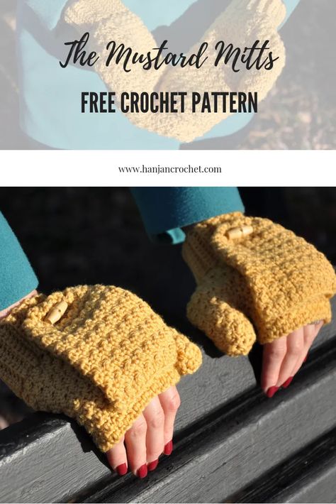 The Mustard Mitts – Free Crochet Pattern – HanJan Crochet Convertible Fingerless Mittens Crochet Free Pattern, Convertible Gloves Crochet Pattern, Lined Crochet Mittens, Crochet Fingerless Gloves With Flap, Convertible Mittens Crochet Pattern Free, Mitts Crochet Pattern Free, Crochet Mittens With Flap, Simple Crochet Mittens, Crochet Pattern Mittens