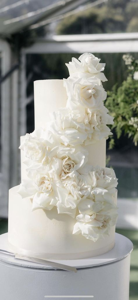 White Cake White Flowers, White Flowers On Wedding Cake, Wedding Cake Etagere, Elegant Classy Wedding Cake, October Wedding Cake, Simple Modern Wedding Cake, Wedding Cake White Roses, White Rose Wedding Cake, Petal Wedding Cake