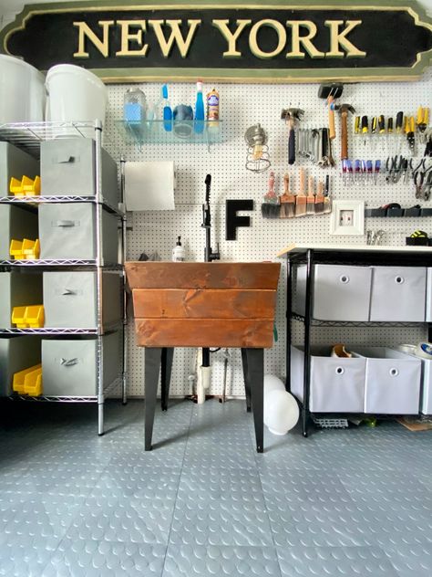 Slop Sink, Ikea Toy Storage, Buffet Makeover, Black Buffet, Cast Iron Sink, Laundry Room Sink, Faux Brick Walls, Tool Room, Brick Paneling