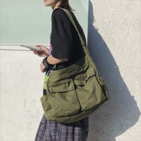 Cute Plain Basic Alt Gorp Grunge Crossbody Bag Canvas Big with Pockets Messenger Bag For School, Cute Messenger Bag, Cute Messenger Bags, Messenger Bags For School, Large Crossbody Bag, Cute Shoulder Bag, Messanger Bag, Outfit Minimalist, Postman Bag