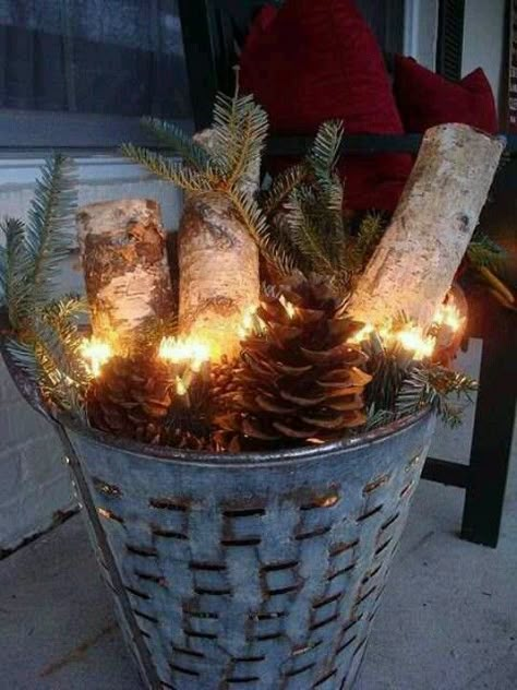 Pinecones, Logs, Fir Branches & Lights  #Christmas #decorations   Christmas decoration Natal Country, Christmas Front Porch, Christmas Porch, Front Porch Christmas Decor, Noel Christmas, Country Christmas, Christmas Deco, Christmas Joy, Christmas Inspiration